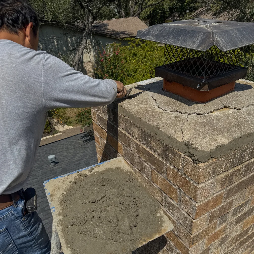 Professional mason performing structural chimney crown repair and mortar patching on roof