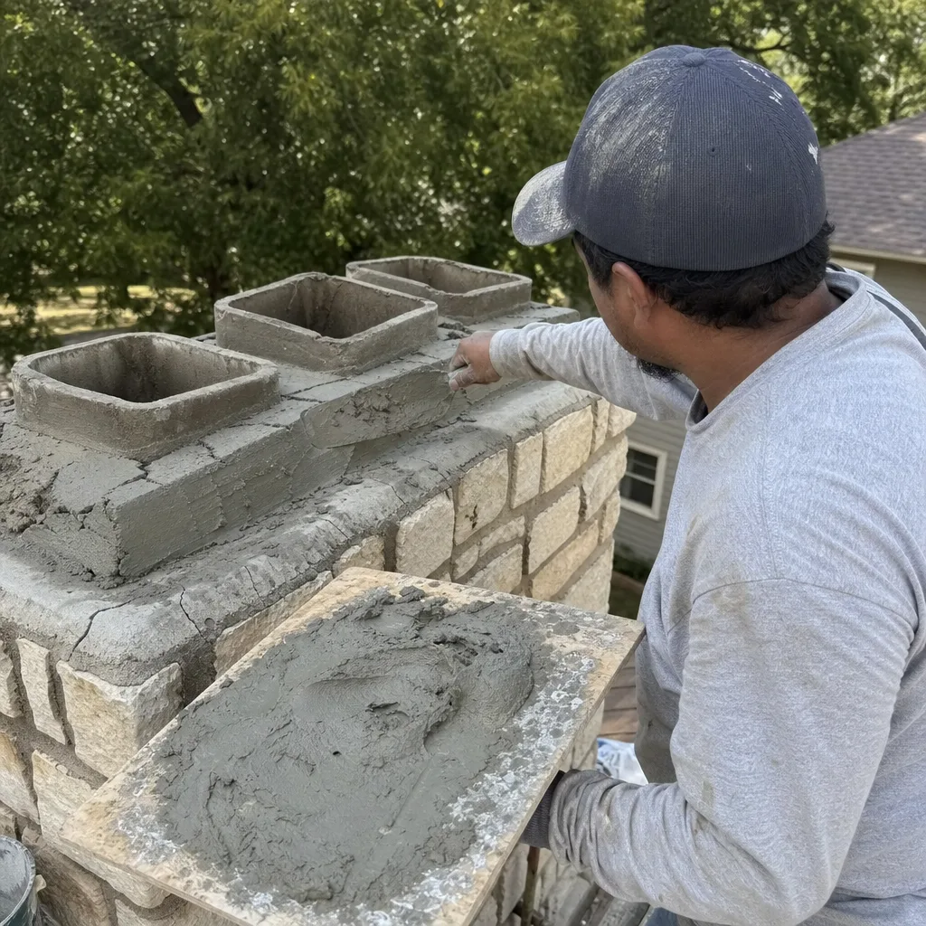 Professional mason applying mortar during a chimney repair project