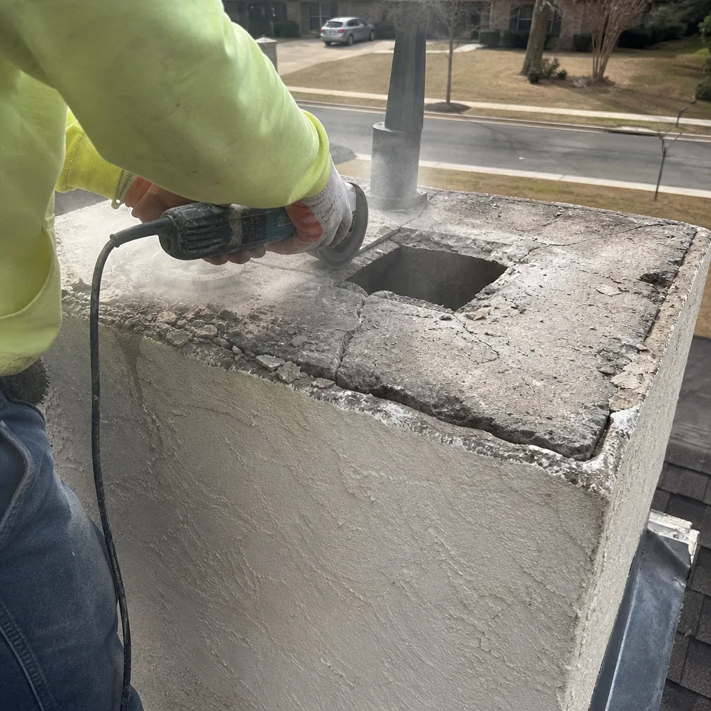 Professional contractor performing chimney crown repair and masonry work on a roof