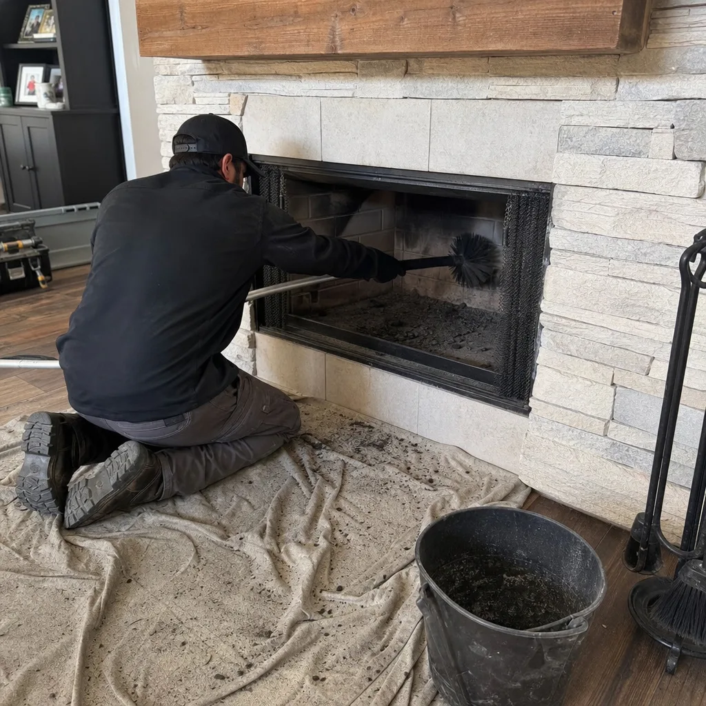 Professional chimney sweep cleaning a stone fireplace with a long brush