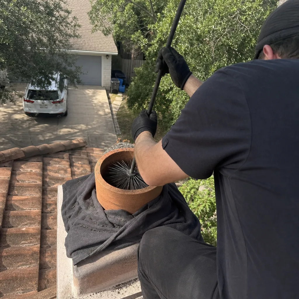 A professional chimney sweep cleaning a chimney flue from a rooftop.