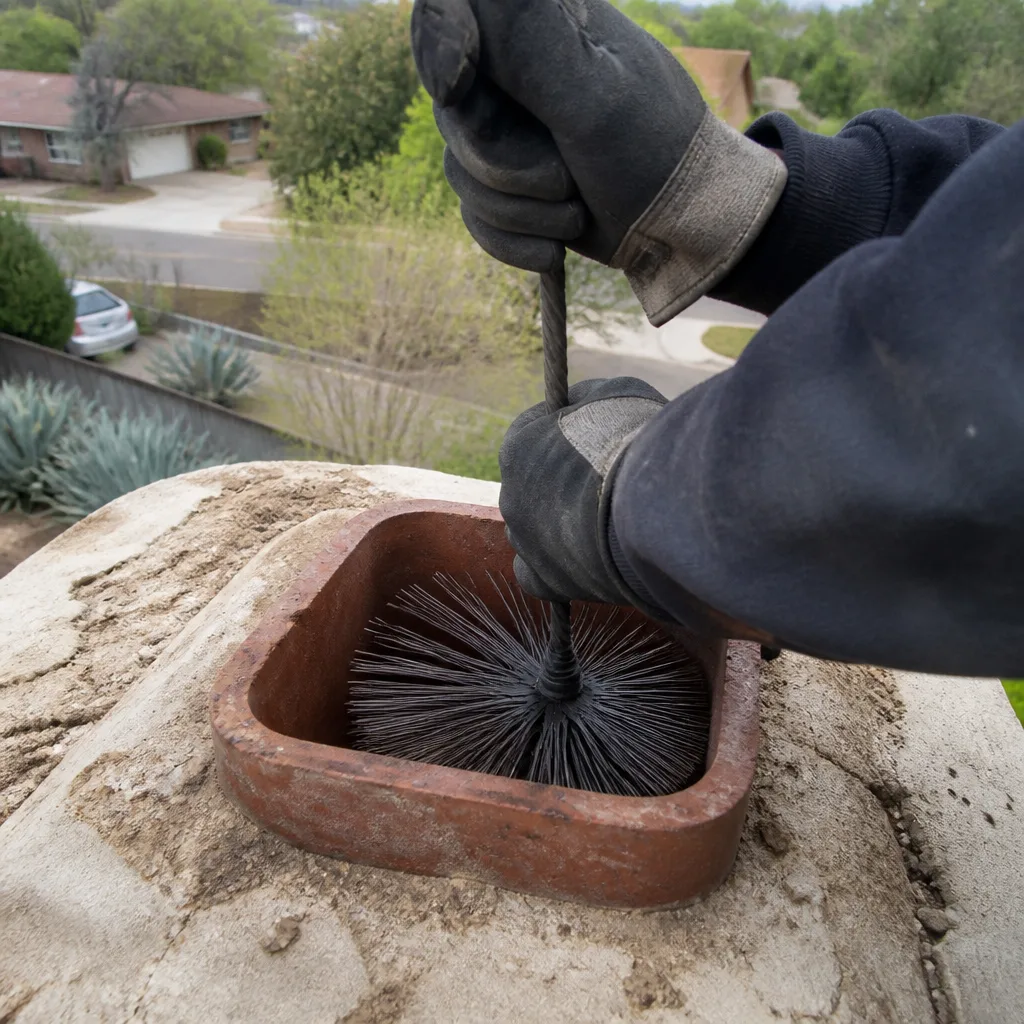 Professional chimney sweep cleaning a residential chimney flue with a wire brush